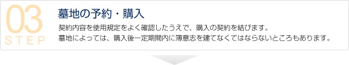 【墓地の予約・購入】　契約内容を使用規定をよく確認したうえで、購入の契約を結びます。ぼちによっては、購入後一定期間内に簿意志を建てなくてはならないところもあります。