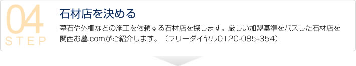 墓石や外柵などの施工を依頼する石材店を探します。厳しい加盟基準をパスした石材店を関西お墓.comがご紹介します。（フリーダイヤル0120-085-354）